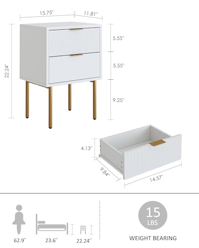 AEPOALUA Nightstand,Small Bedside Table with Gold Frame,Morden Night Stand with 2 Drawer,End Table,Side Table with Drawer and Shelf for Bedroom,Living Room (White-2Drawer)