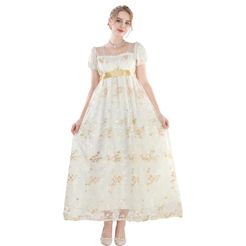 Image of CR ROLECOS Womens Victorian Dress Regency Dresses for Women Long Jane Austen Dresses Tea Party Gown XXL Yellow