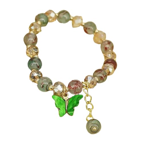 模造翡翠ビーズ弾性ロープバタフライチャームハンドチェーンジュエリートレンディなリストウェアスタイリッシュな女性用ハンドメイドビーズ, One Size, 説明のとおり