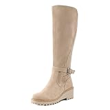 PODAIK Women's Knee High Boots Tall Fall Wedges Round Toe Comfortable Size Zip with Fashion Buckles Platform Shoes for Women(7,Khaki)