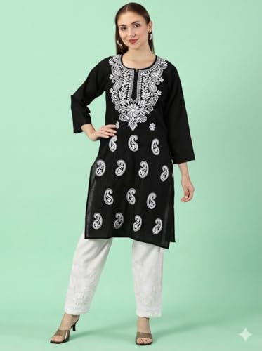 Image of FCH, Fashionable Chikan Handikraft Women's Cotton Lucknowi Chikankari Printed Straight Kurta for Regular Wear Girls Flared Kurta