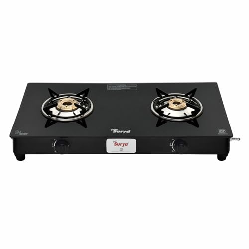 Image of Golden Surya 2 Burner PNG Gas Stove | Toughened Glass Top | Brass Burners | Manual Ignition | ISI Certified | Piped Natural Gas Compatible | 18 Months Warranty