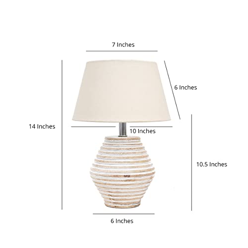 Image of PineCraft International Atury Table Lamp with Shade Night Lamp for Living Room, Study Room, Bedroom & Home Decor Gift Item 14 inch Height Wooden Study Lamp with Off White Shade