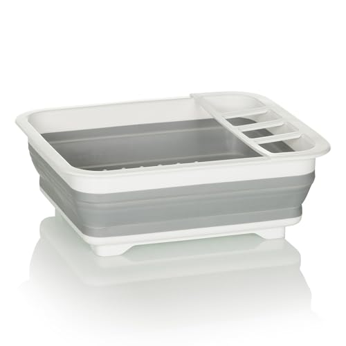 hjh OFFICE Escurreplatos Clean SIL, Silicona, Plegable para vajilla y cubertería, Bandeja recogegotas Que Ahorra Espacio, Gris/Blanco, 924000