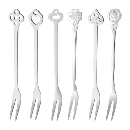 UEIOAVL Dessertgabeln, 6 Stück Obst- und Dessertgabeln aus Edelstahl Küchenutensilien ideale Mini-Gabeln für Kuchen Salat Geburtstagsparty (Silber)