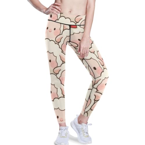 Leggings de yoga con control de abdomen para mujer mallas capri con estampado de oveja blanco