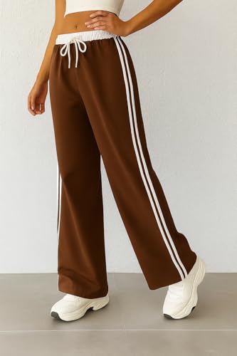 Image of SAKHWALA Women Track Pant | Women's Wide Leg Track Pants High Waist Drawstring Sweatpants with Side Stripes, Casual Loose Fit Lounge Joggers, White