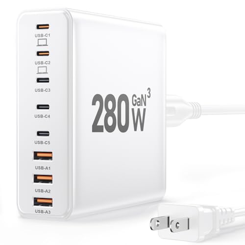 8-in-1 USB-C charging station with 65W x2 + 30W x3 + 20W x3 (280W total) GaN III