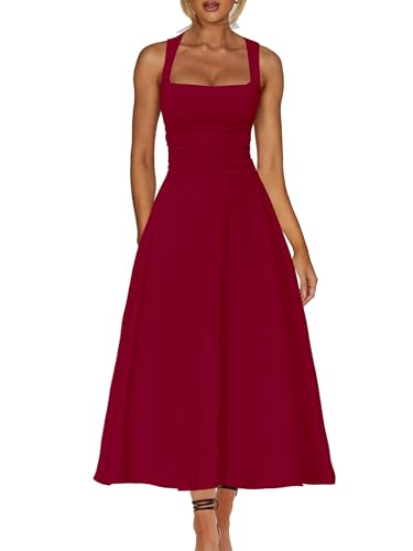 Kaximil Women's Square Neck Corset A Line Maxi Dress Ruffle Ruched Waist Flowy Long Dresses, Large, Wine Red