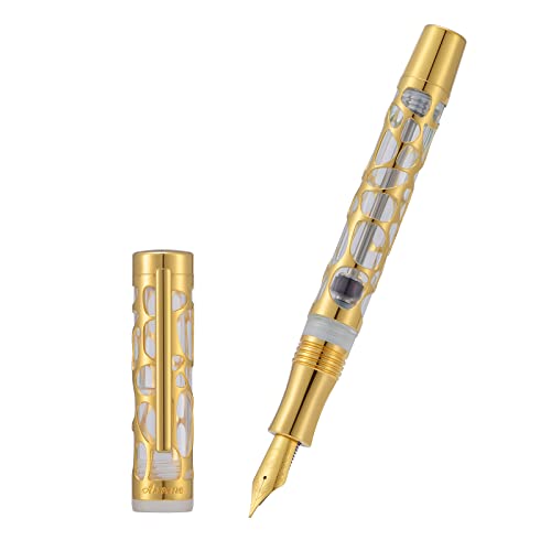 Asvine V169 Vacuum Filling Fountain Pen Medium Nib, Water Drop Skeleton Gold Trim Transparent Clear Acrylic Pen Case Set #TOP2