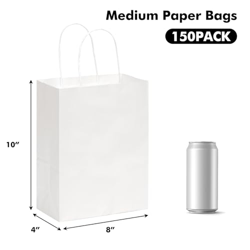 OUTUXED 150pcs Gift Bags, White Paper Bag with Handles 8x4x10in Medium Size Kraft Bags for Party, Businesses