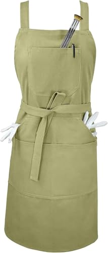 Medium Thick 100% Cotton Canvas, Kitchen Art Apron for Chef, Painting, 6 Deep Pockets with 1 Zipper Pocket, M-XXL, 27