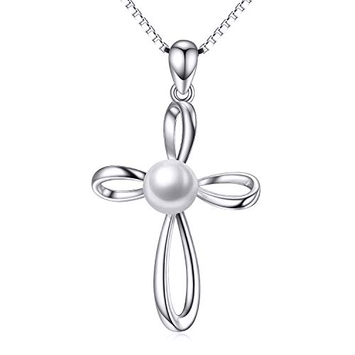 Pearl Pendant Necklaces for Women,925 Sterling Silver Cross Lucky Knot Pendant/Infinity Pendant with Cubic Zirconia,Anniversary Birthday Gifts for Her 16''+2''