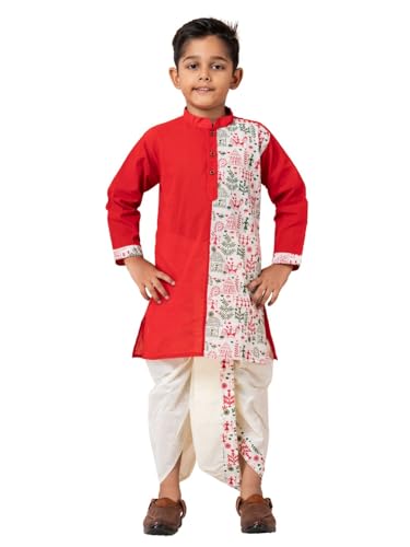 Image of Kids Ethnic Wear - Stylish Half Printed & Vibrant Color Pure Cotton Kurta with Elastic Waist Dhoti Set for Boys