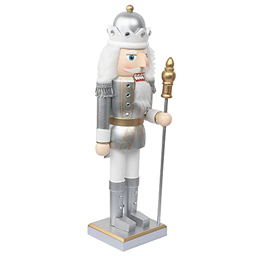 FUNPENY 14\" Christmas Decorative Nutcracker Figures, Wooden Silver King Hold Scepter, Festive Collectible Nutcracker Ornament Gift for Indoor Winter Table Desktop Fireplace Decorations - Thumbnail 3