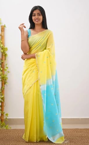 Image of Women's Cotton Woven Soft Sarees With Attach Blouse Piece.