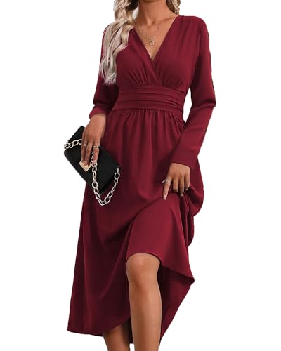 QUNERY Sommerkleid Lang Damen Einfarbige Kurzarm/Langarm Elegant Überlappung V Ausschnitt Taillenfalten Maxikleider Casual Kleider Casual Strandkleid...