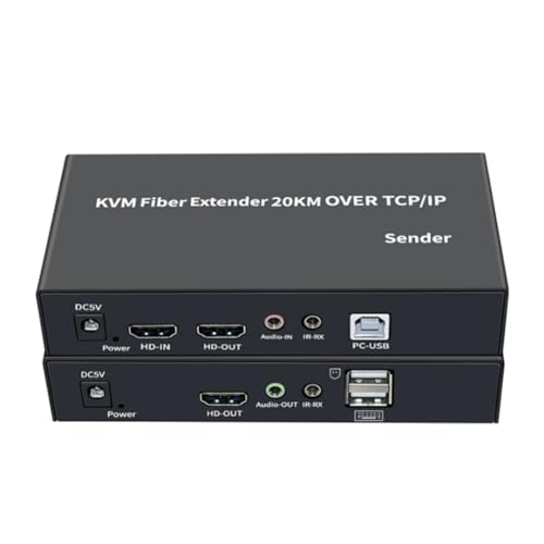Quystetes Extensor KVM de Fibra IP Compatible con de 20 Km sobre Cable de Fibra Sing SC 1080P USB KVM Transceptor de Fibra Óptica Enchufe de la UE