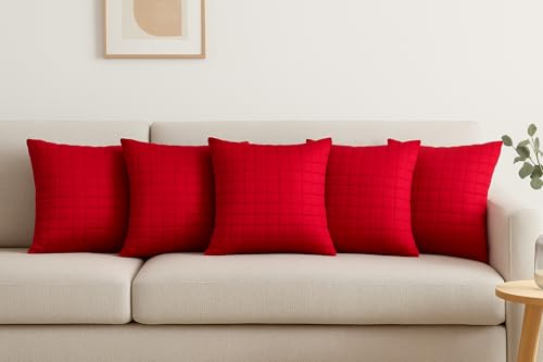 Image of Premium Quilted Cushion Cover 16x16 Inch - Dupion Silk Blend - Soft & Durable Decorative Pillow Cover for Sofa, Bed, Living Room - Set of 5 pc (Magenta)