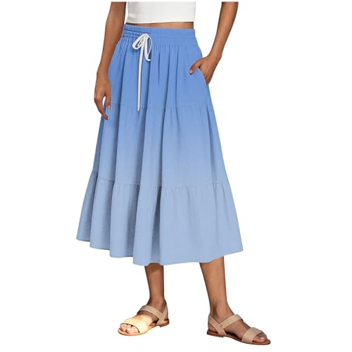 Skirts for Women Midi Length Stretch Waist Casual Drawstring Gradient Color Pleated Skirt Loose Trendy Flowy Clothes