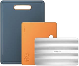 Linoroso Chopping Board Coloured Plastic Cutting Boards Set of 3 for Kitchens with Defrosting Tray Juice Grooves Easy Grip Handle Slip Resistant Dishwasher Safe (BPA Free) - Lava Orange