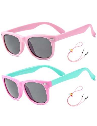 Rocf Rossini Flexible Kids Sunglasses Polarized Toddler Sun Glasses for Baby Boys and Girls Shades UV400 Protection with Case Age 2-8 (Pink + Pink/Cyan)