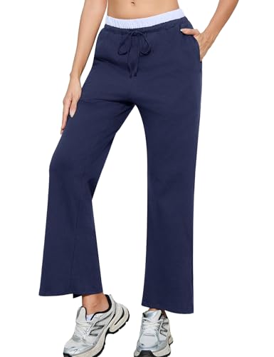 Aottori Pantalones Deportivos Mujer Algodón Largos Pantalón Chándal con Bolsillos Elástica Cordón Casual Pierna Ancha Jogger para Yoga Correr Jogging Azul Marino S