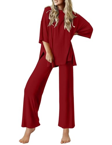 Image of Ekouaer Lounge Sets for Women Short Sleeve Tops and Long Pants Soft Comfy Pajamas Set 2 Piece Outfits