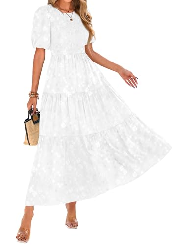 KIRUNDO Womens Summer Dresses Wedding Guest Floral Midi Sundress Short Puff Sleeve Flowy A Line Smocked Tiered Boho Dress(White, Small)