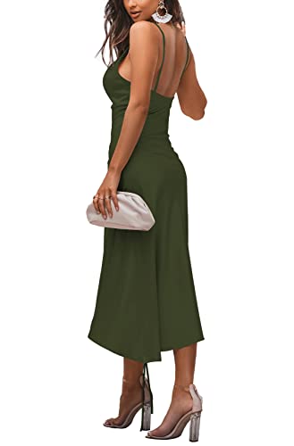 Image of LYANER Women's Satin Spaghetti Straps Cowl Neck Sexy Ruch Cocktail Midi Dresses