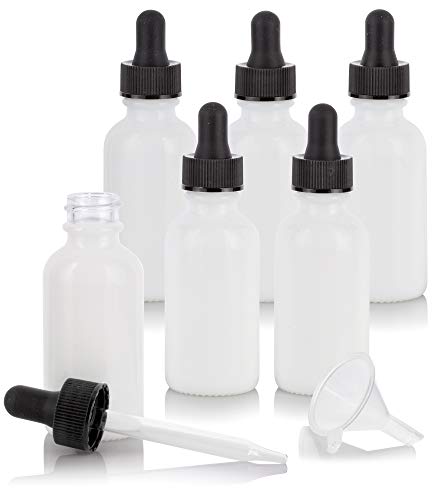 1 oz White Glass Boston Round Black Dropper Bottle (6 pack) + Funnel