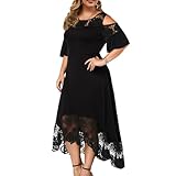 ODIZLI Black Lace Dress Plus Size for Women Short Sleeve Off-Shoulder Floral Lace Irregular Hemline Ruffle Midi Dress Party Dress Events Reception Masquerade Evening Dresses for Curvy Women Black XL