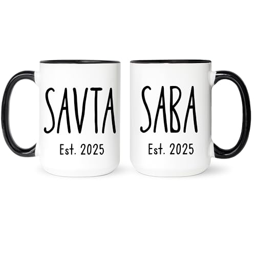 Fabby Gifts Savta And Saba Mugs Set - Hebrew Grandparents Baby Reveal - Pregnancy Announcement Jewish Grandparents (Black Rim&Handle, 11oz)
