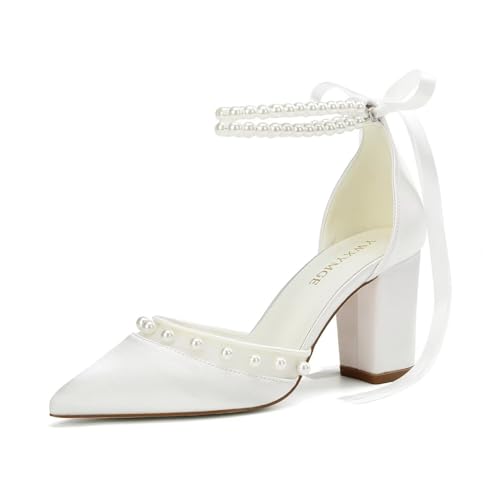 Wedding Shoes for Bride Block Heel Bridal Heels Closed Toe Pearl Heels Bridal Shoes