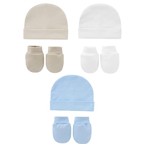 Snegyu Cotton Newborn Hospital Hat Baby Hat and Anti Scratch Mittens Set for 0-3 Months Newborn Baby Boys Girls Essentials Bonnet Infant Beanie Caps and Gloves 6pcs