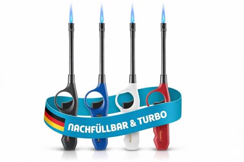 TOM 4 x Stabfeuerzeug mit Turbo Flame – langes Sturmfeuerzeug mit Stab 28,3 cm lang – Feuerzeug Jetflame – 4 Stück im Set schwarz weiß blau rot – Elektrofeuerzeuge mit Gas befüllt & nachfüllbar