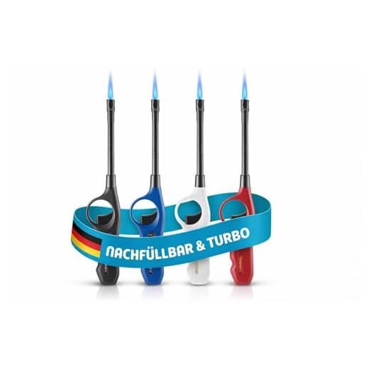 TOM 4 x Stabfeuerzeug mit Turbo Flame – langes Sturmfeuerzeug mit Stab 28,3 cm lang – Feuerzeug Jetflame – 4 Stück im Set schwarz weiß blau rot – Elektrofeuerzeuge mit Gas befüllt & nachfüllbar