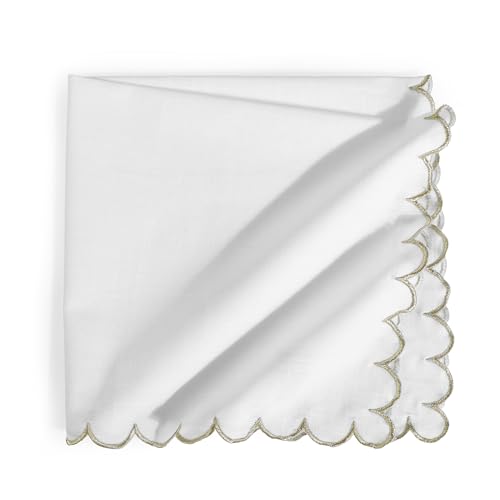 Image of FINGERCRAFT Scallop Edge Cloth Napkins | Set of 6 | 20x20 Inches | 100% Cotton | Table Napkins for Any Occasion | Washable, Perfect for Parties and Everyday Use (White Gold Slub, Set of 6)