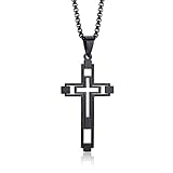 Rockyu Collar para hombre con colgante de cruz hueca negra, amuleto de doble capa, cadena de acero inoxidable hipoalergénico, 60 cm, regalo de Acción de Gracias