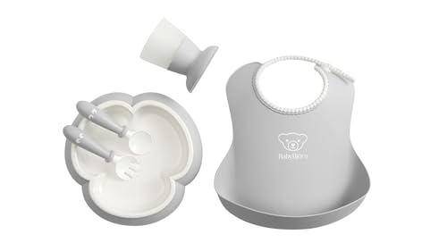 Image of BabyBjörn Baby Dinner Set, 5 pc, Gray | Includes Baby Bib, Baby Plate, Baby Fork, Baby Spoon, and Baby Cup | Dishwasher Safe | Toddler Feeding Set for self-Feeding or Baby-led weaning