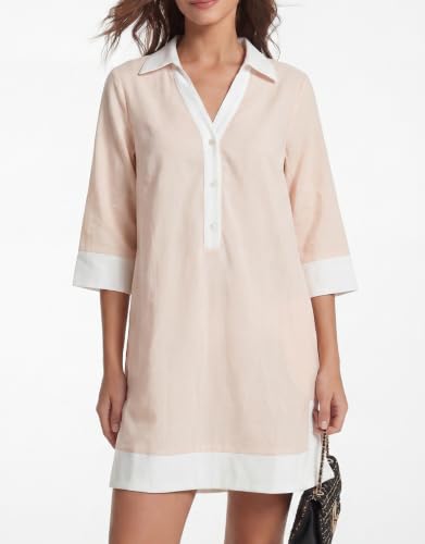 Image of Kedera Women Button Shirt Dress V Neck Short Sleeves Summer Casual Work Shift Tunic Dress with Pockets