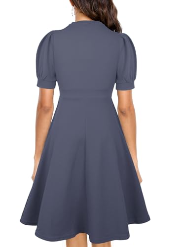 Image of Mokayee Womens Summer Short Puff Sleeve Casual Semi-Formal Fit and Flare Church Wedding Guest Work Dresses with Pockets
