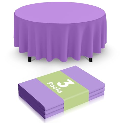 Image of Smiry Disposable Table Cloth 3 Pack, 84 Inch Round Waterproof Plastic Tablecloth, Decorative Round Table Covers for Party, Birthday, Picnic, Lavender