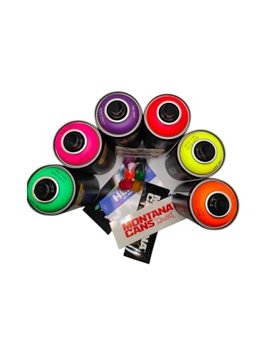 PROGAL COLORS Montana Lot de 6 bombes aérosols fluorescents Noir fluo 400 ml + 6 buses de rechange de différentes tailles – vue 3