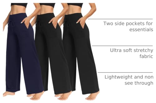 Image of TNNZEET 3 Pack Women's Wide Leg Pants with Pockets - Casual Loose Yoga Trouser Pants Sweatpants Palazzo Lounge Pajama Pants