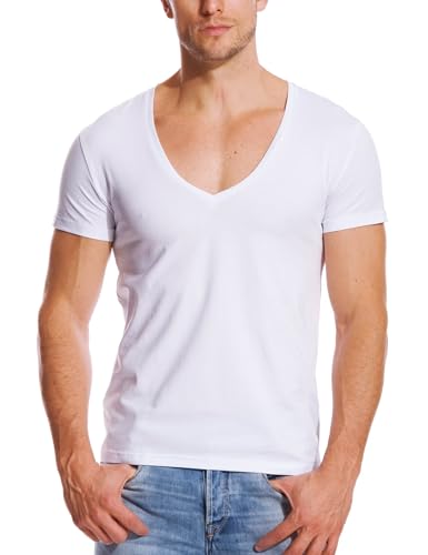 Stretch T Shirt for Men Deep V Neck Tee Muscle Fit Low Cut Male Top White M