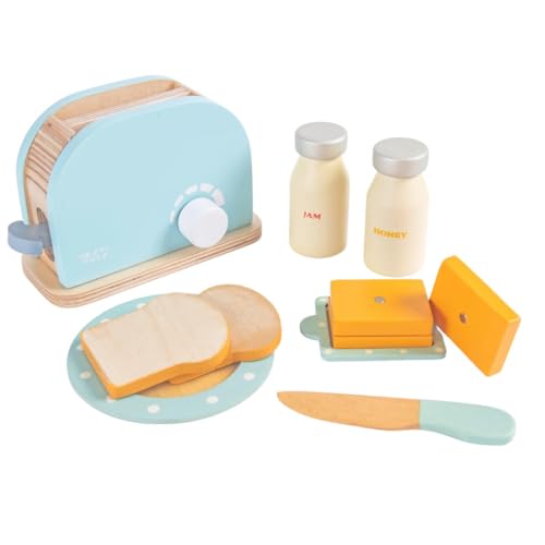 Image of NESTA TOYS Kitchen Set Toys | Colorful Wooden Kitchen Play Toy Featuring Bread Pop-up Toaster & Coffee Maker | Realistic Accessories for Pretend Play Toys for Kids (3+ Years, Blue)