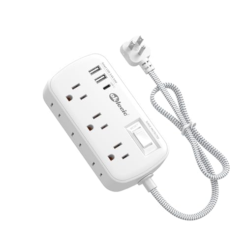 Short Extension Cord 2 Foot - Flat Plug Small Power Strip Surge Protetor with 6 Outlets 3 USB (5V/3.4A 17W) Charging Ports Multi Plug Wall Outlet Splitter for Home Office Dorm Roomc White