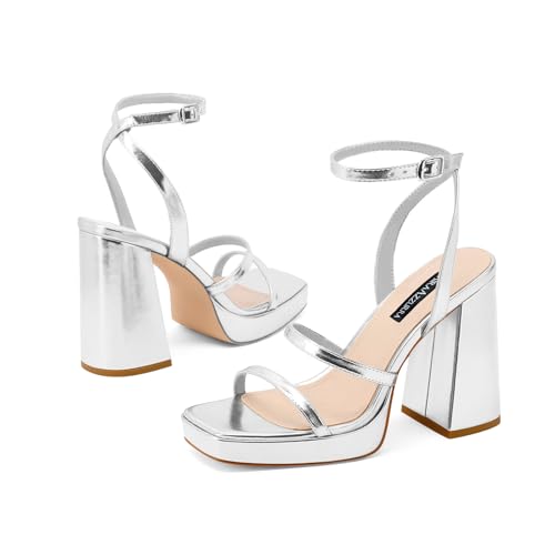 Image of MIRAAZZURRA Platform Strappy Heel Sandals Square Open Toe Two Strap Chunky High Heeled Sandals with Buckle Ankle Strap for Women Party Wedding Dress