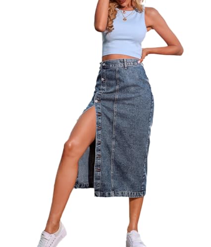 THLAI Womens Skirt Denim Midi Skirt Button Up Side Slit Skirt Long Straight Skirts Spring Fall Skirt